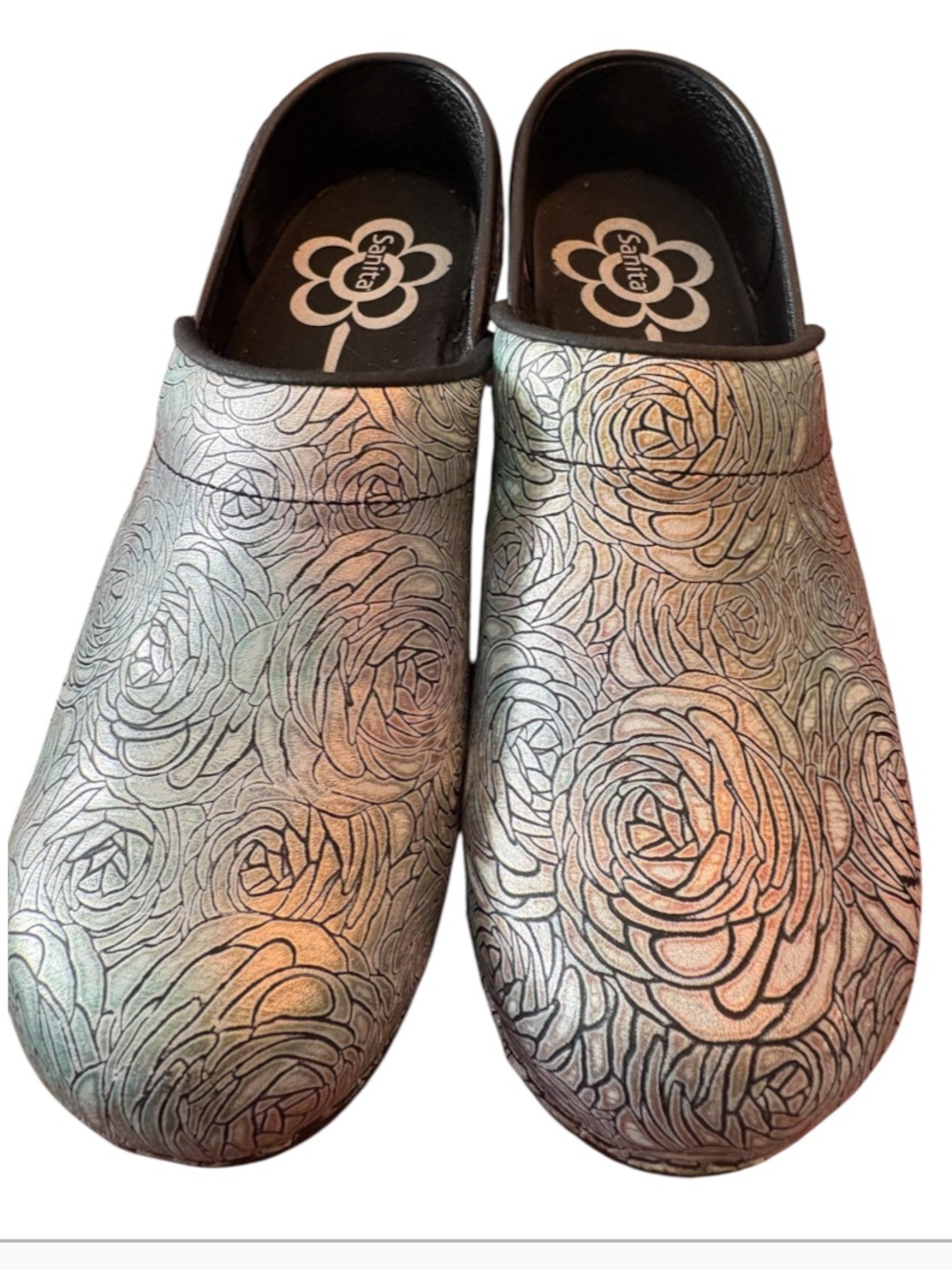 Sanita Silver Iridescent Embossed Leather Danish Clog Size 37/US 6